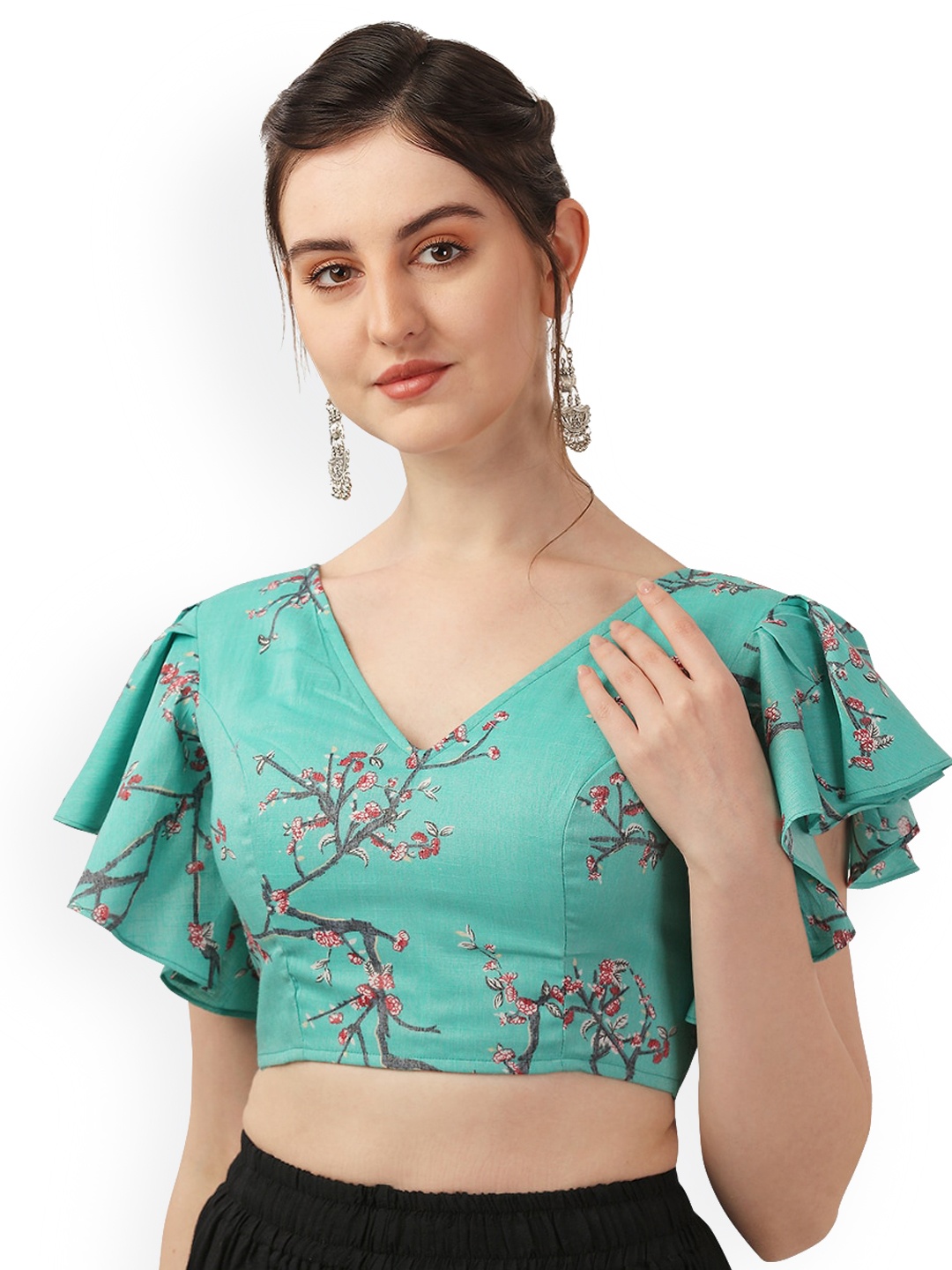 

Oomph! Floral Printed Flared Sleeves Cotton Saree Blouse, Green
