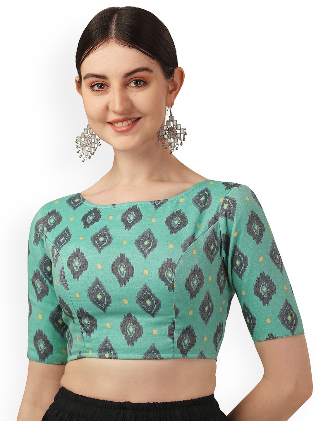 

Oomph! Printed Boat Neck Cotton Saree Blouse, Turquoise blue