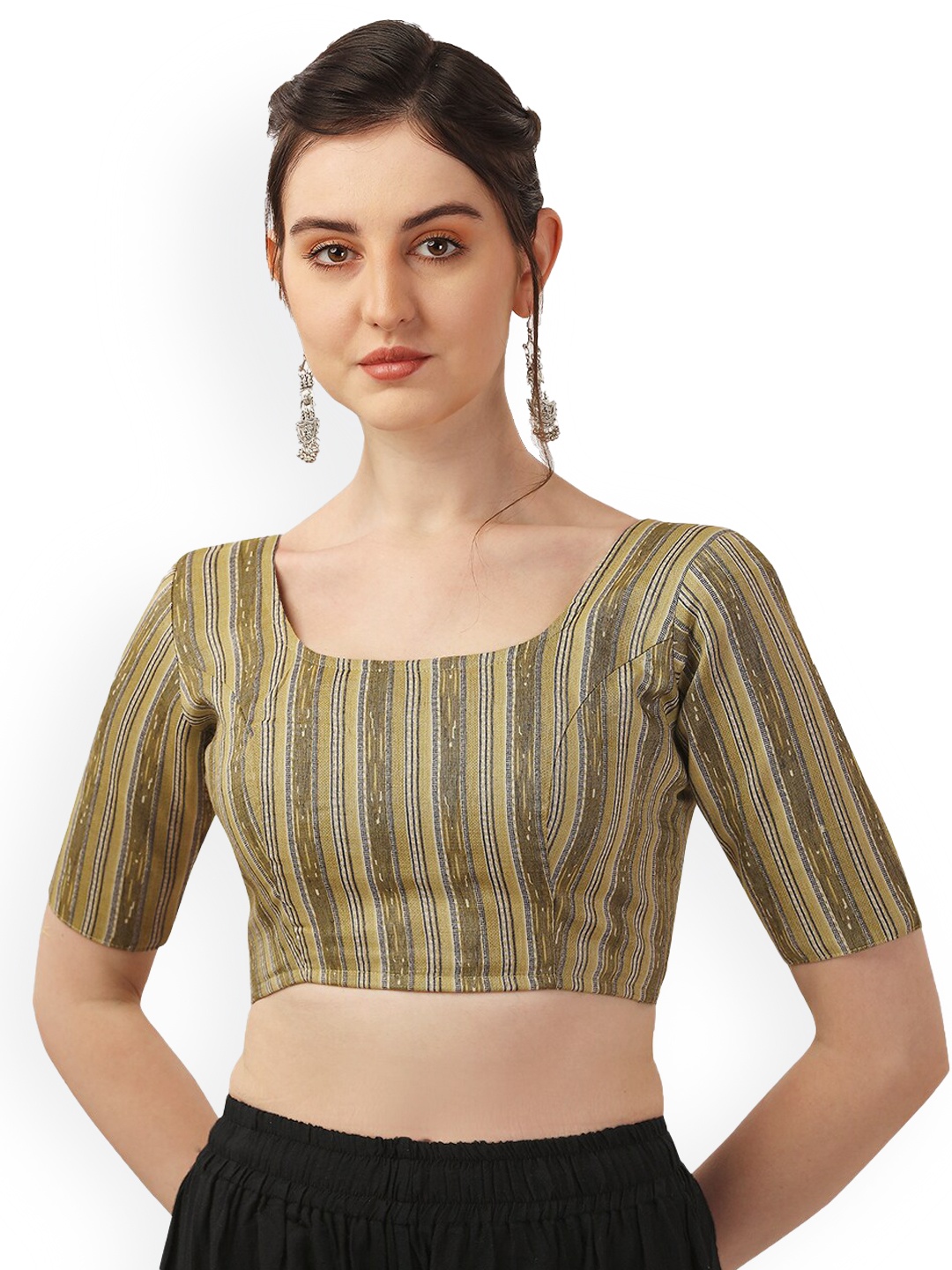 

Oomph! Striped Square Neck Cotton Saree Blouse, Green