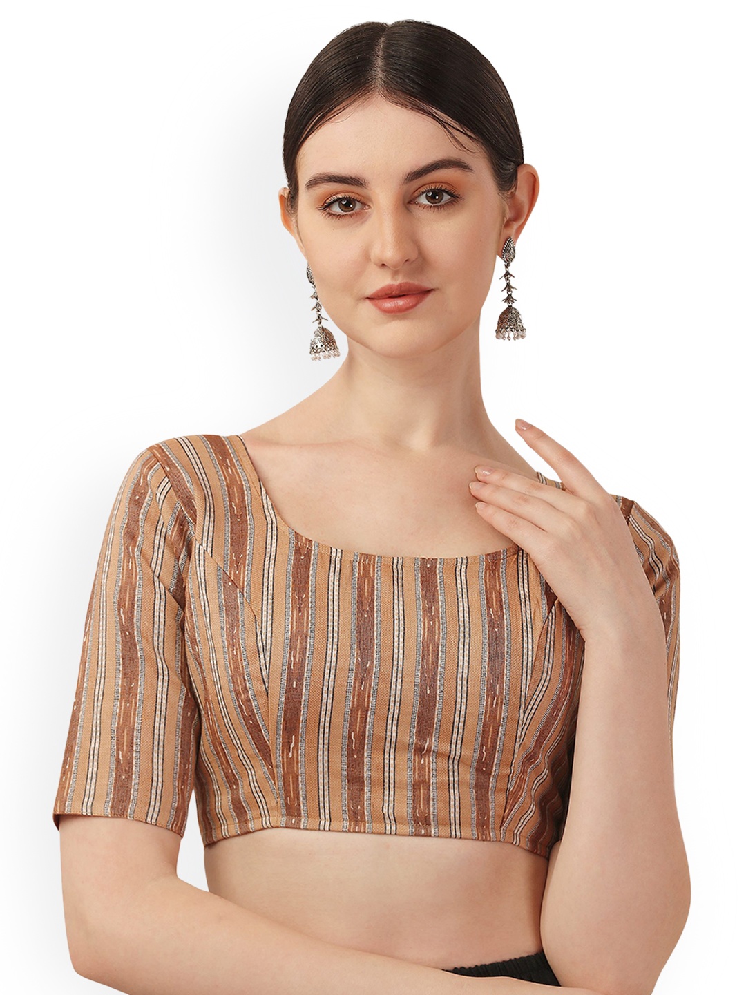 

Oomph! Striped Pure Cotton Saree Blouse, Brown