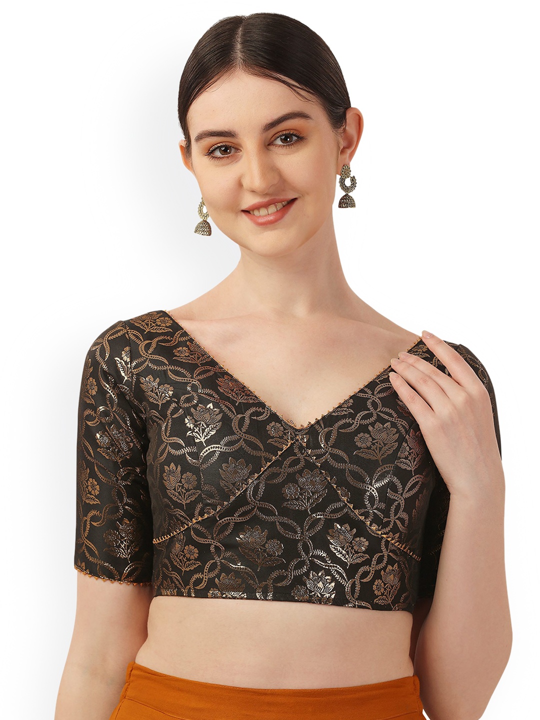 

Oomph! Floral Woven Design Jacquard Saree Blouse, Brown