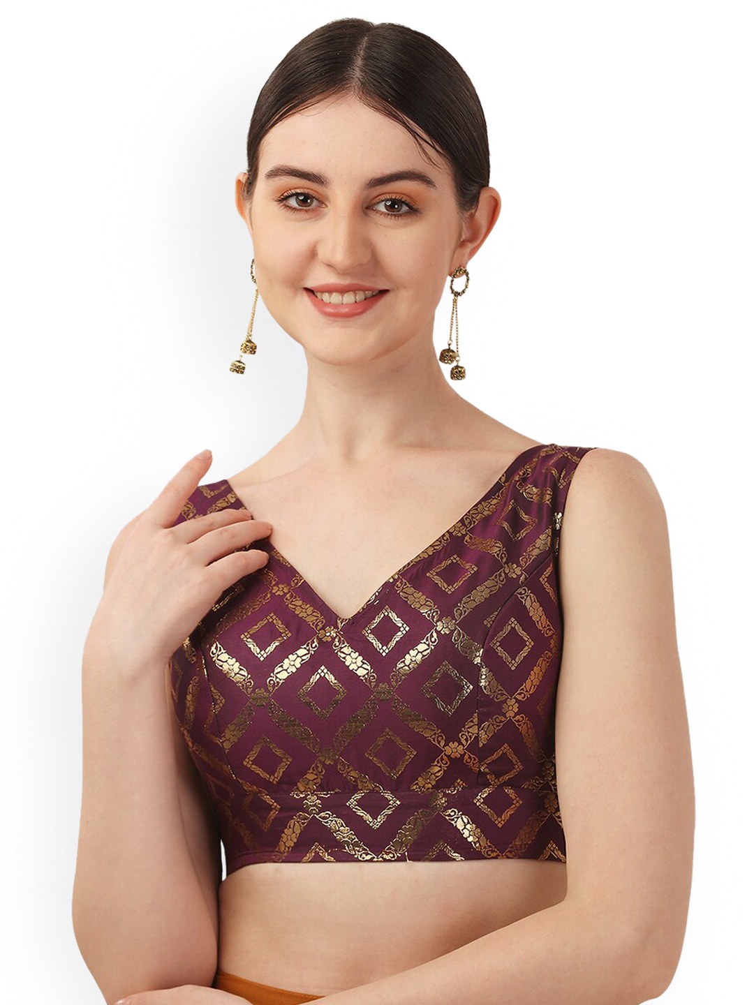 

Oomph! Printed V-Neck Sleeveless Saree Blouse, Purple