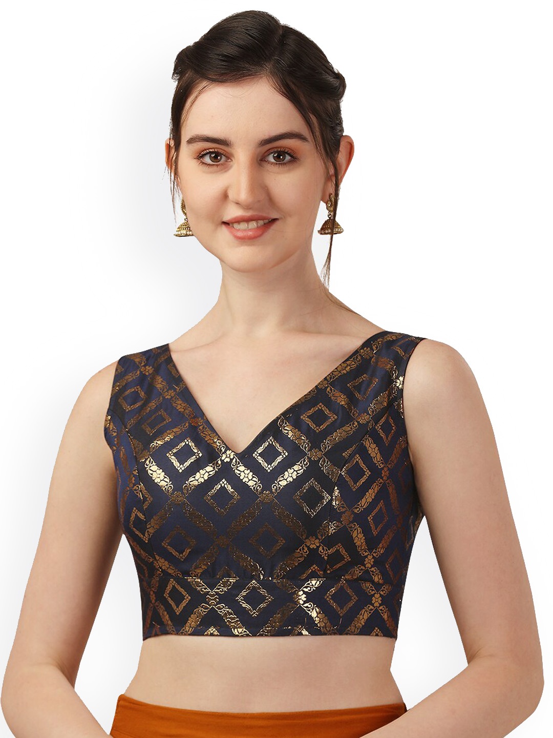 

Oomph! Woven Design Sleeveless Saree Blouse, Navy blue