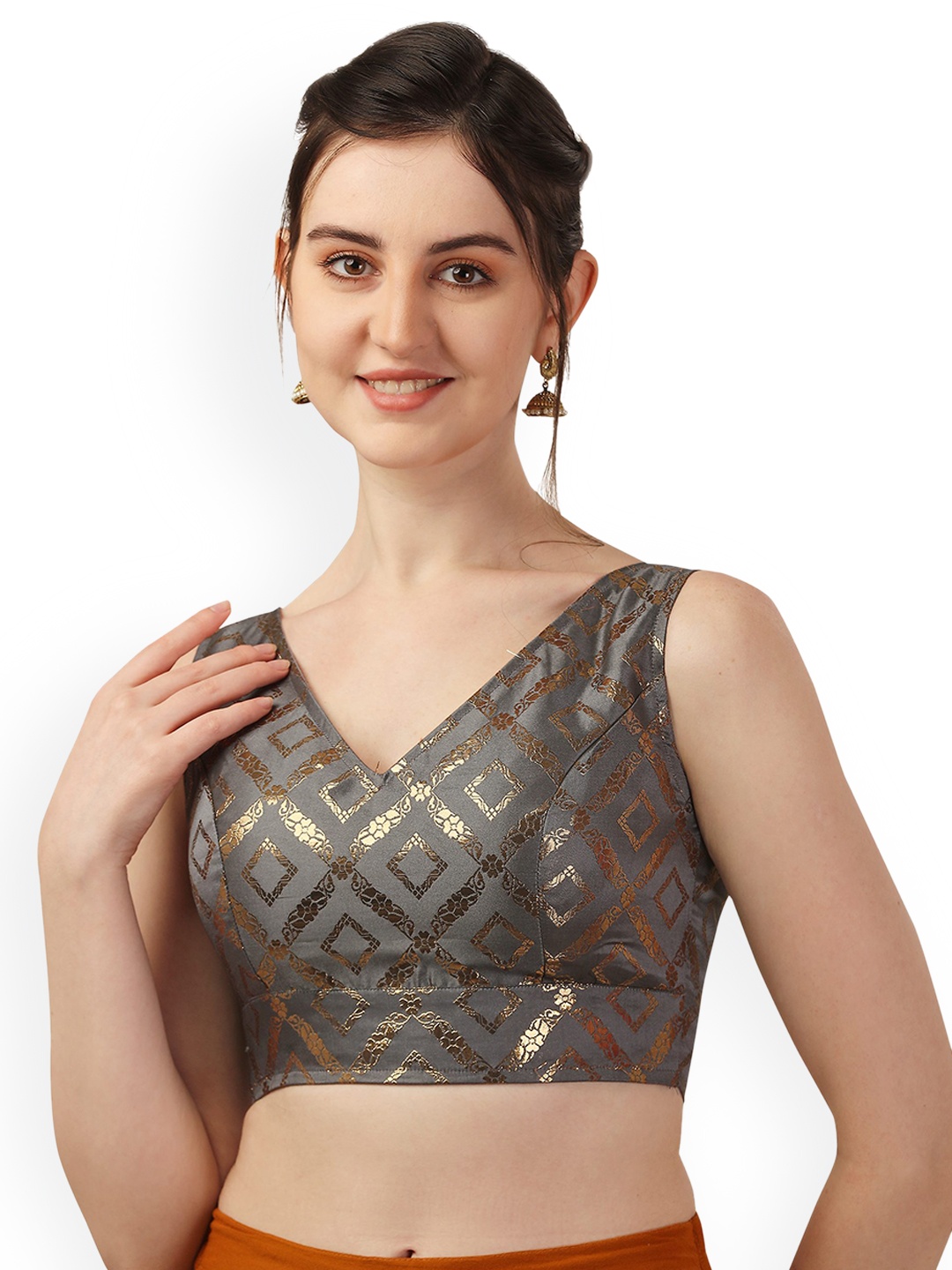 

Oomph! Printed V-Neck Sleeveless Saree Blouse, Grey