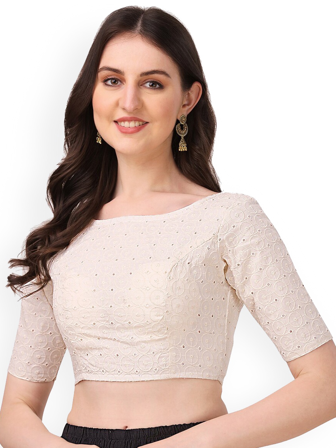 

Oomph! Embroidered Boat Neck Pure Cotton Saree Blouse, White