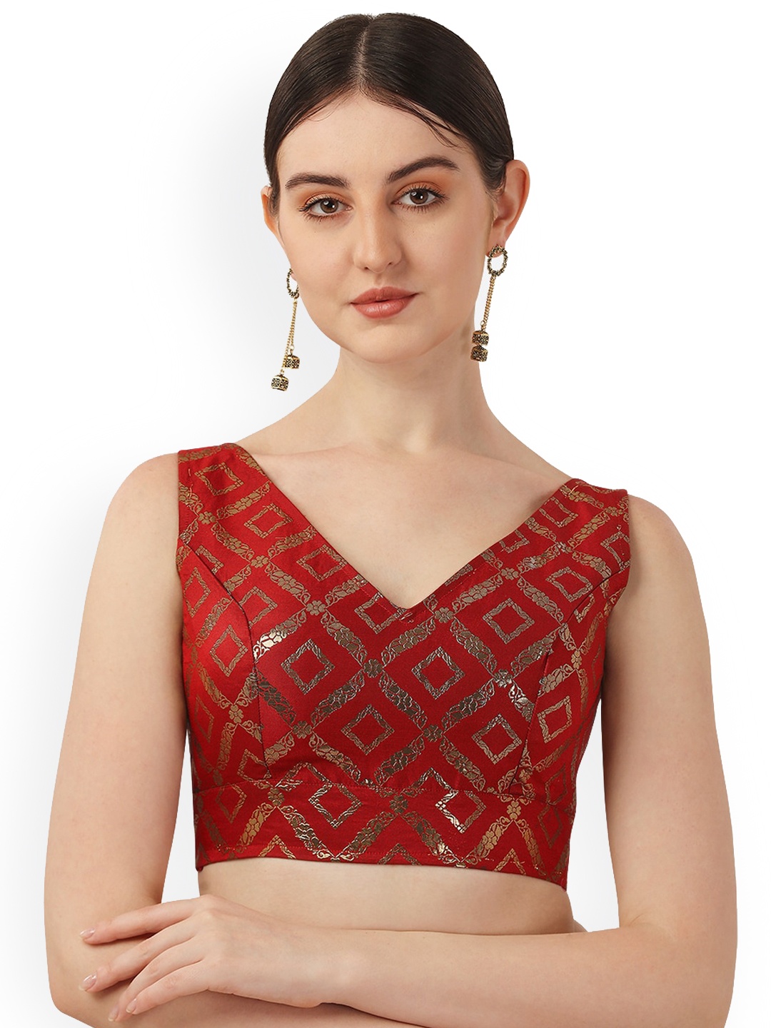 

Oomph! Woven Design V-Neck Sleeveless Saree Blouse, Red
