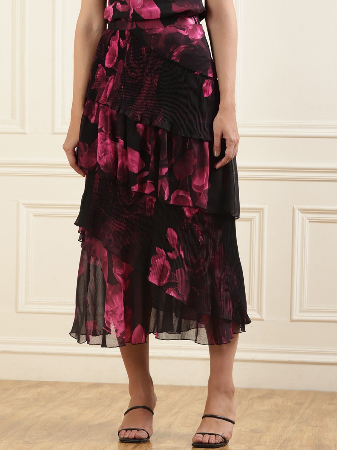 

Ted Baker Floral Printed Asymmetric Midi Skirt, Black