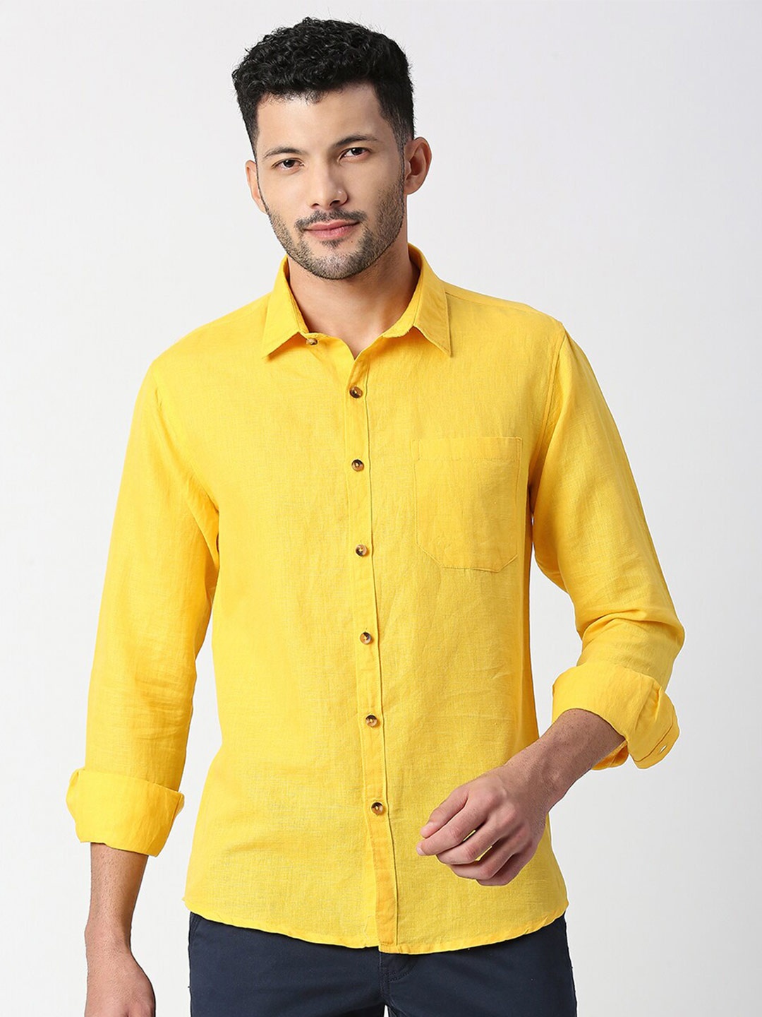 

SNX Classic Tailored Fit Opaque Pure Cotton Casual Shirt, Yellow