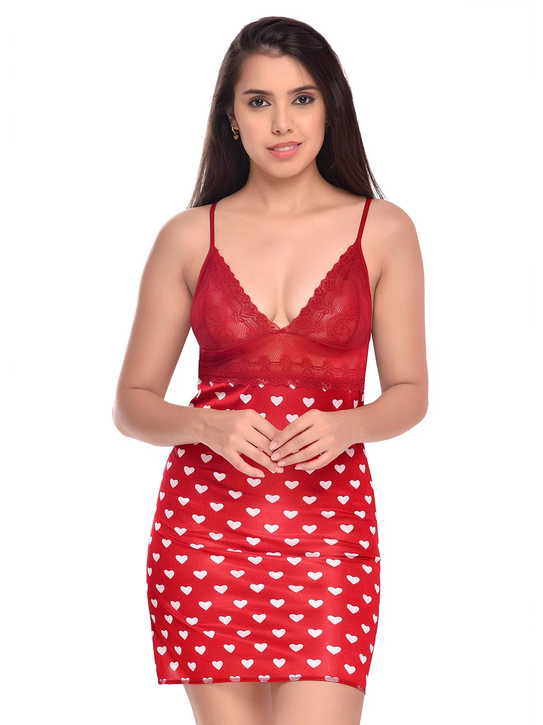 AROUSY Self Design Net Baby Doll, Red