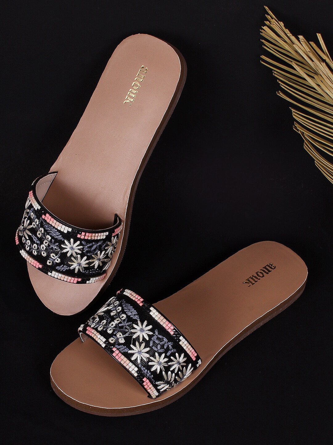 

Anouk Black & White Embroidered Open Toe Flats