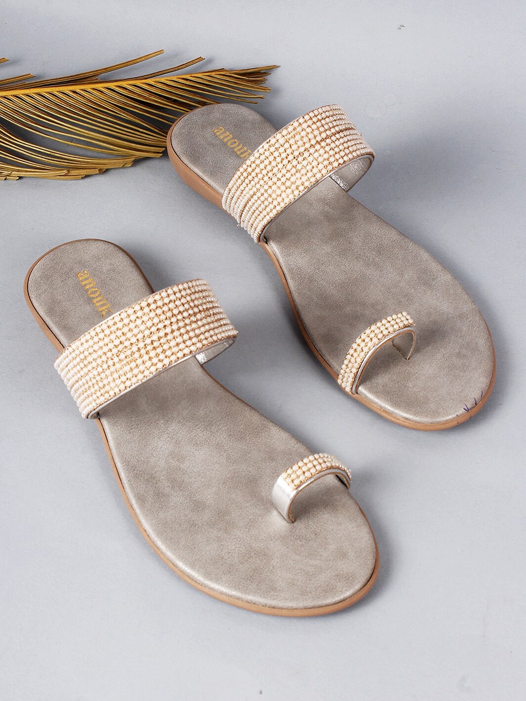

Anouk Grey & White Embellished One Toe Flats