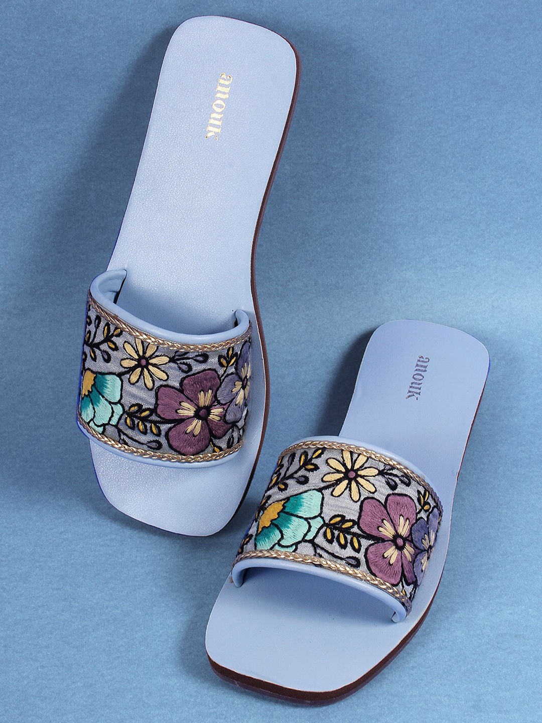 

Anouk Blue & Beige Embroidered Open Toe Flats