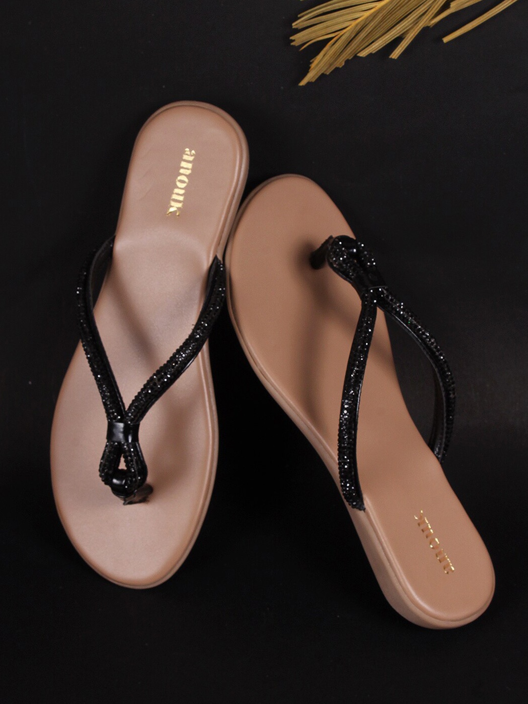 

Anouk Black & Beige Embellished Open Toe Flats