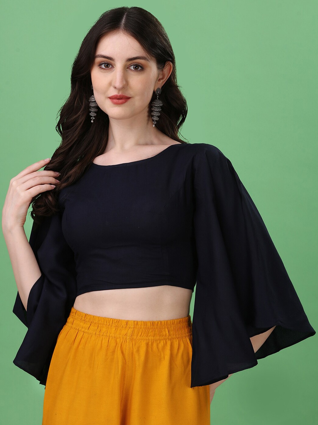 

Oomph! Boat Neck Flared Sleeve Saree Blouse, Blue