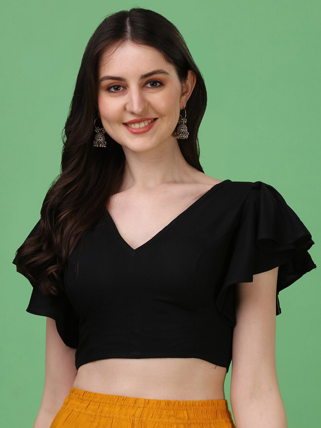 

Oomph! V-Neck Flutter Sleeves Pure Cotton Saree Blouse, Black