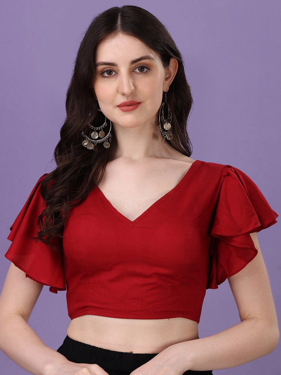 

Oomph! V-Neck Flared Sleeves Cotton Saree Blouse, Red