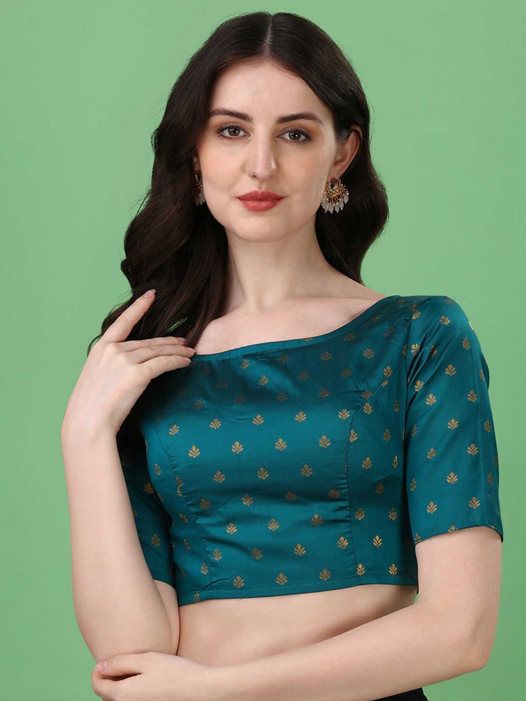 

Oomph! Ethnic Motifs Printed Boat Neck Saree Blouse, Blue