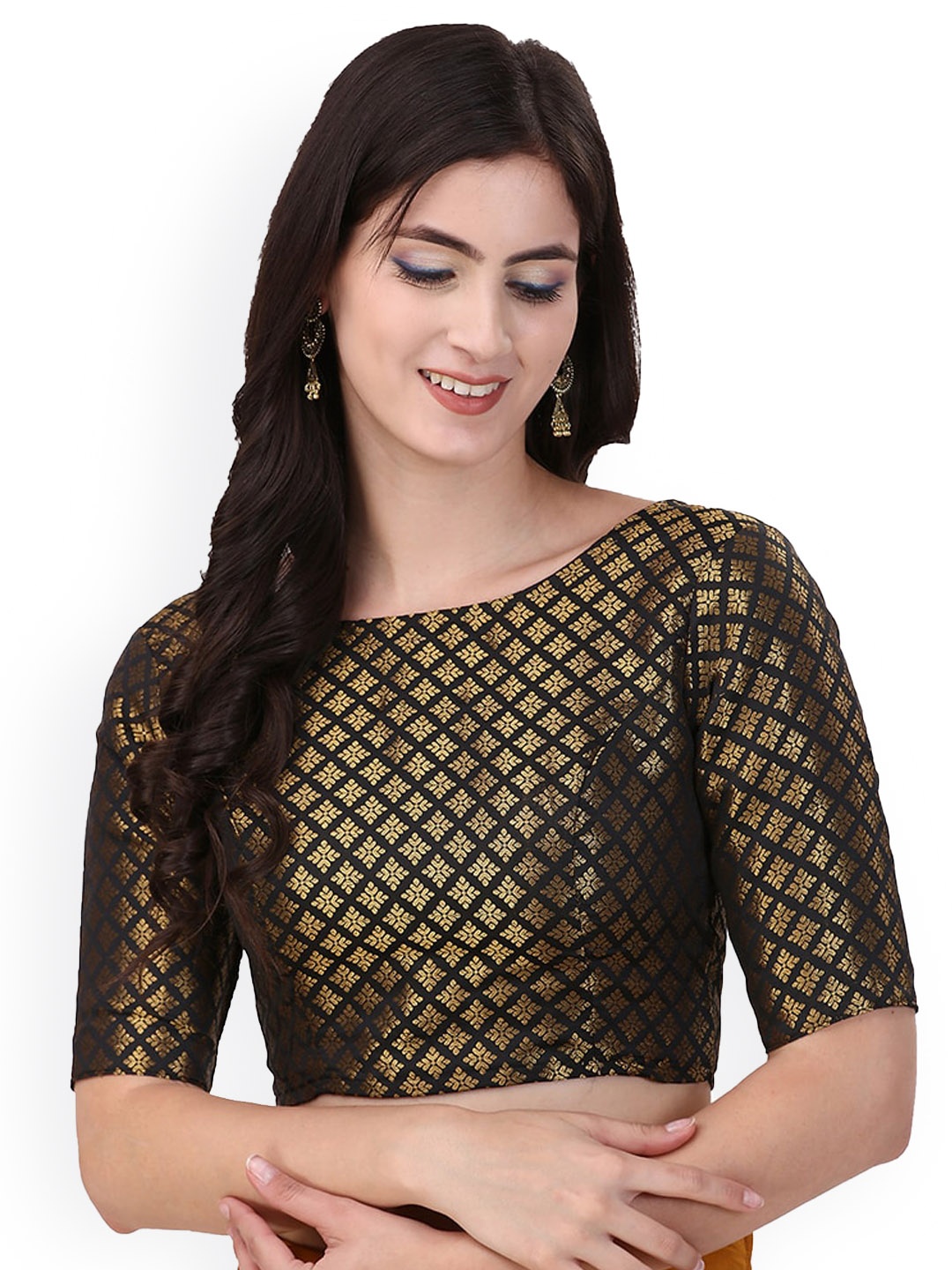 

Oomph! Woven Design Boat Neck Jacquard Saree Blouse, Black