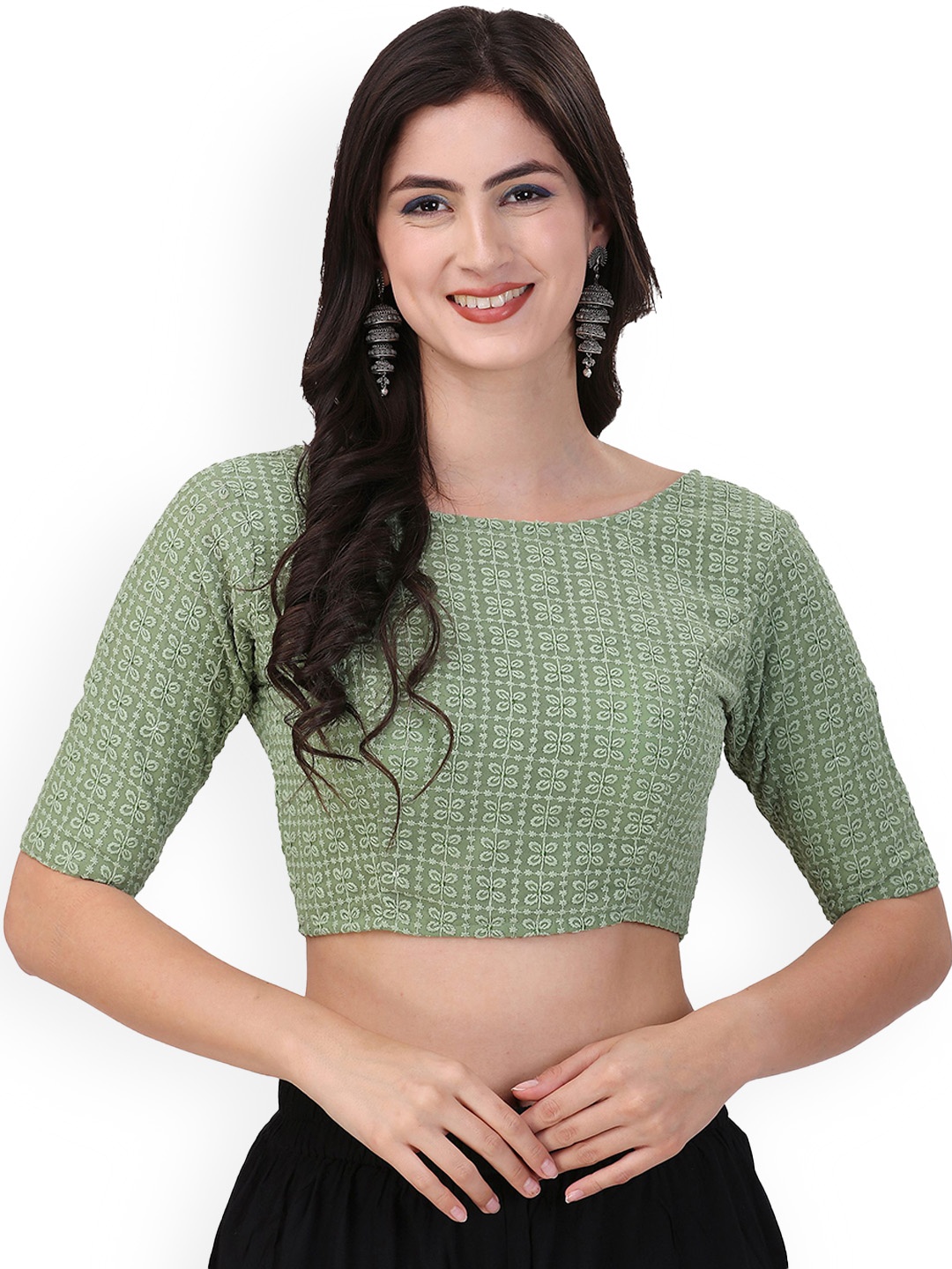 

Oomph! Embroidered Boat Neck Pure Cotton Saree Blouse, Green