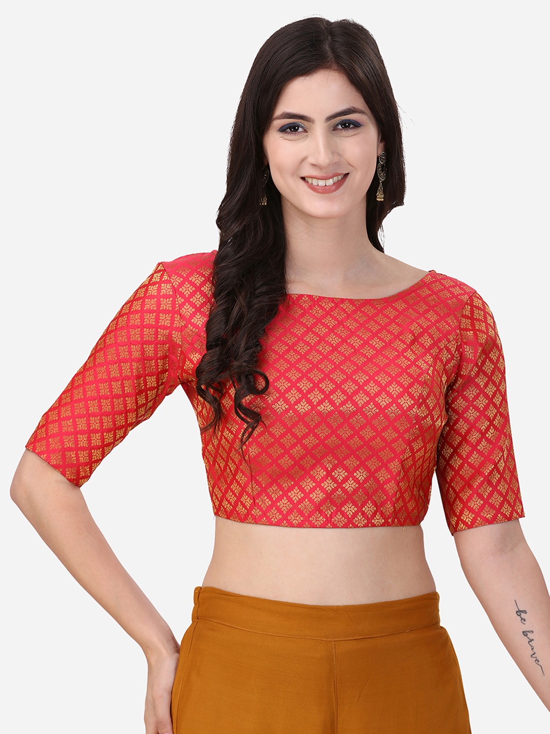

Oomph! Printed Boat Neck Saree Blouse, Red