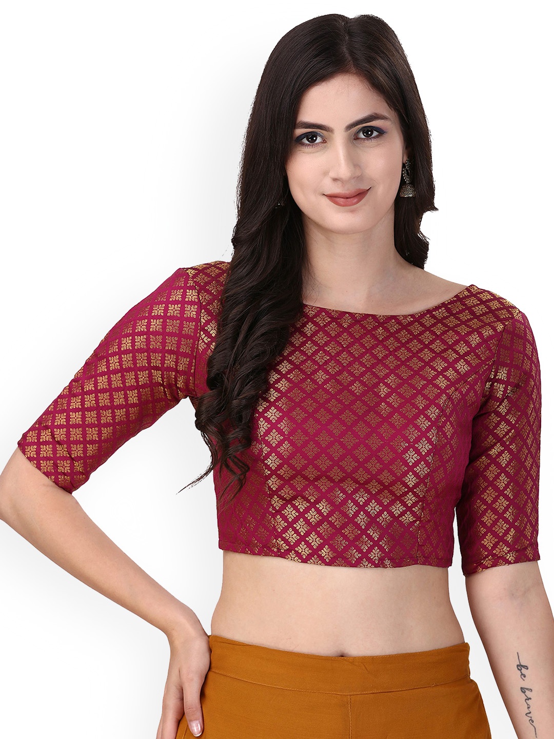 

Oomph! Printed Boat Neck Saree Blouse, Red