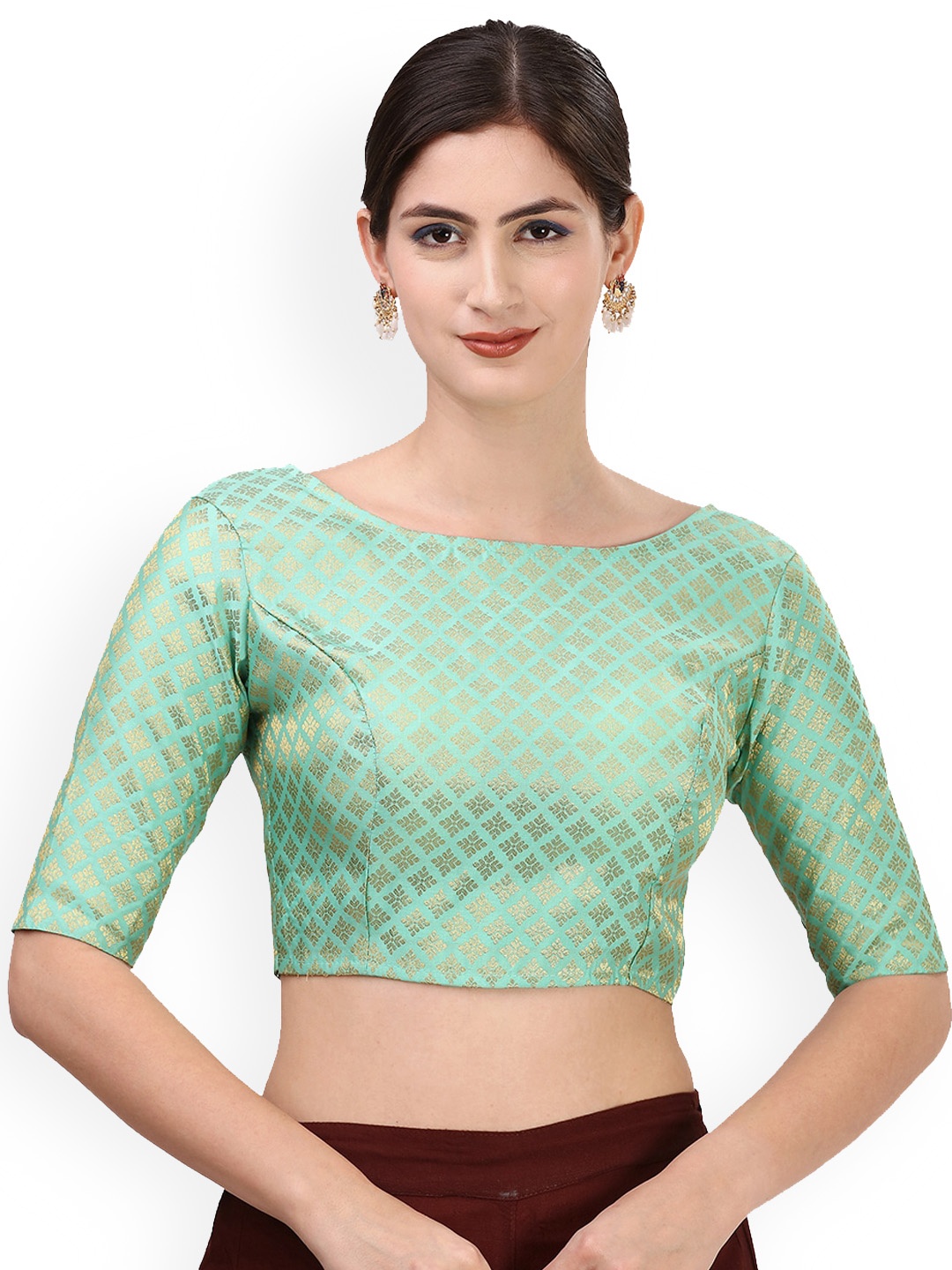 

Oomph! Woven Design Boat Neck Saree Blouse, Green