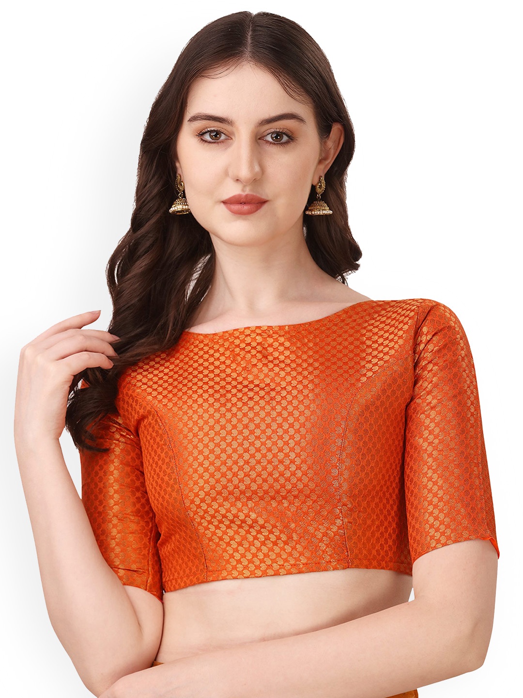 

Oomph! Woven Design Boat Neck Jacquard Saree Blouse, Orange