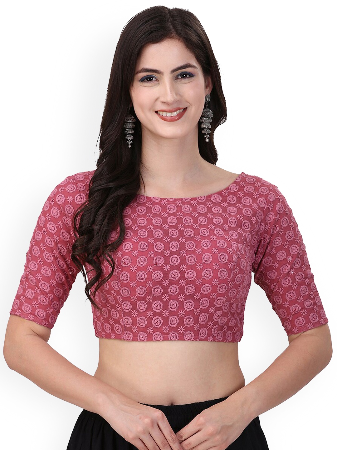 

Oomph! Embroidered Boat Neck Sequined Pure Cotton Saree Blouse, Pink