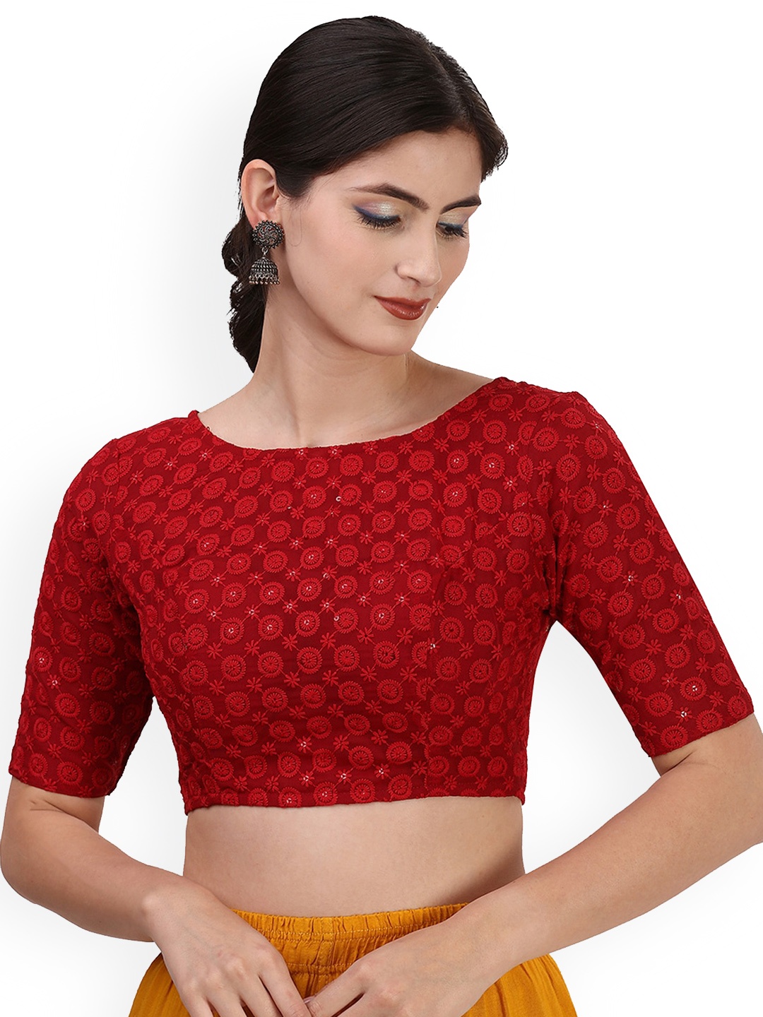 

Oomph! Sequinned Embroidered Pure Cotton Saree Blouse, Red