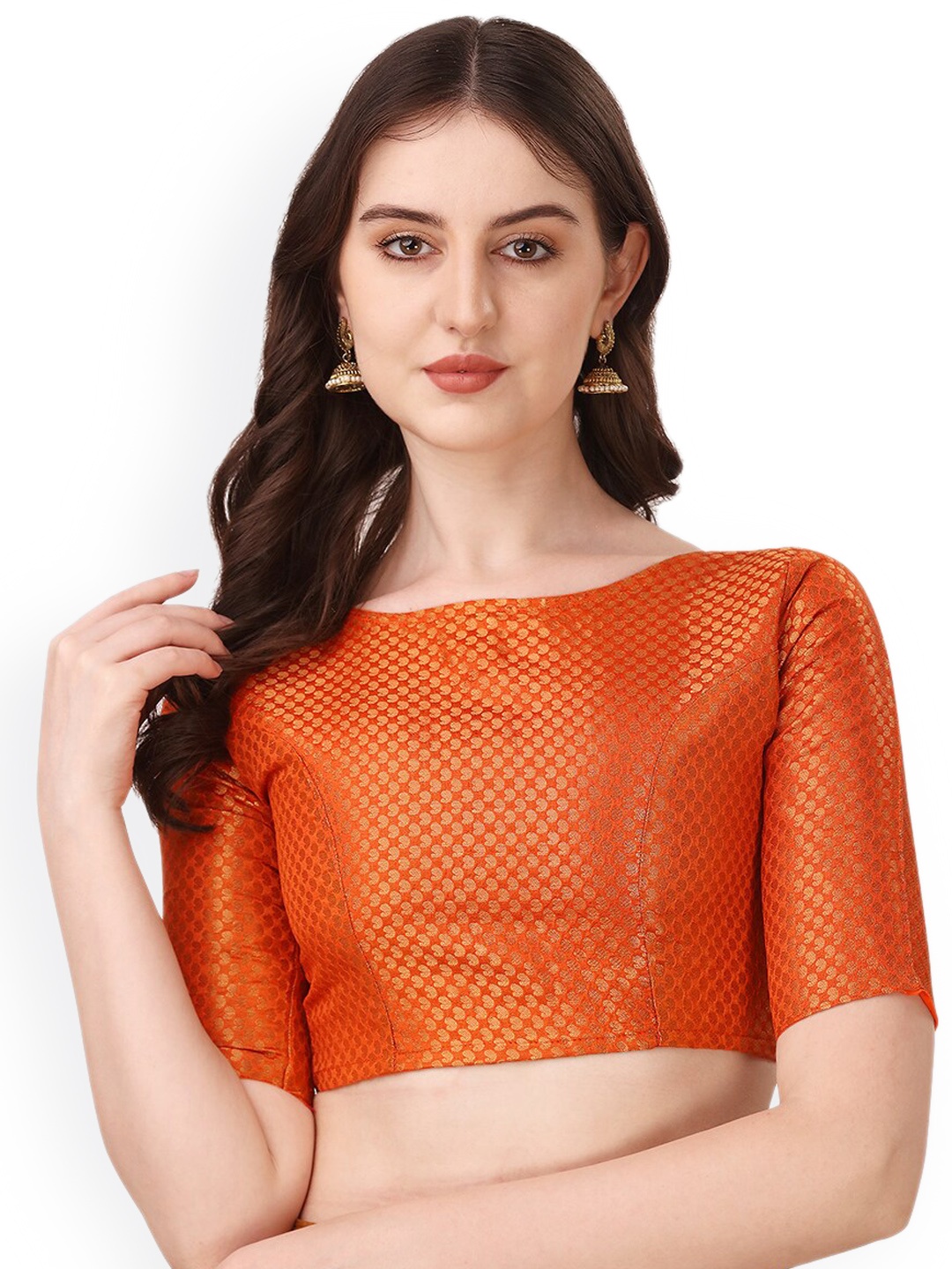 

Oomph! Woven Design Boat Neck Jacquard Saree Blouse, Orange