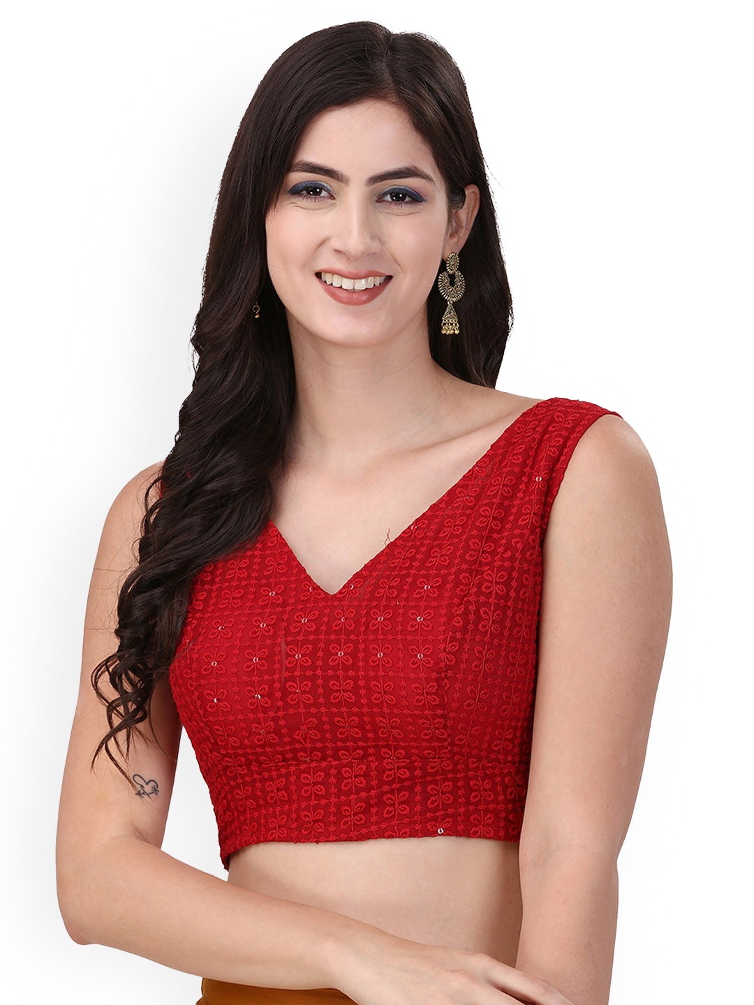 

Oomph! Embroidered V-Neck Sequined Pure Cotton Saree Blouse, Red