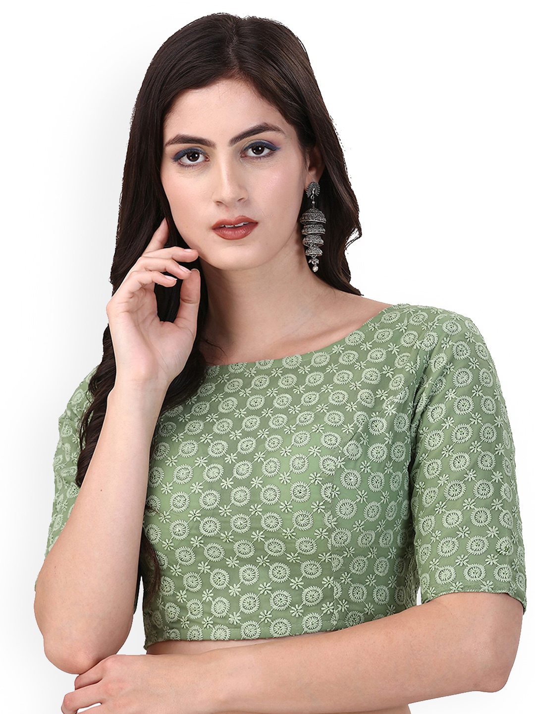 

Oomph! Embroidered Thread Work Pure Cotton Saree Blouse, Green