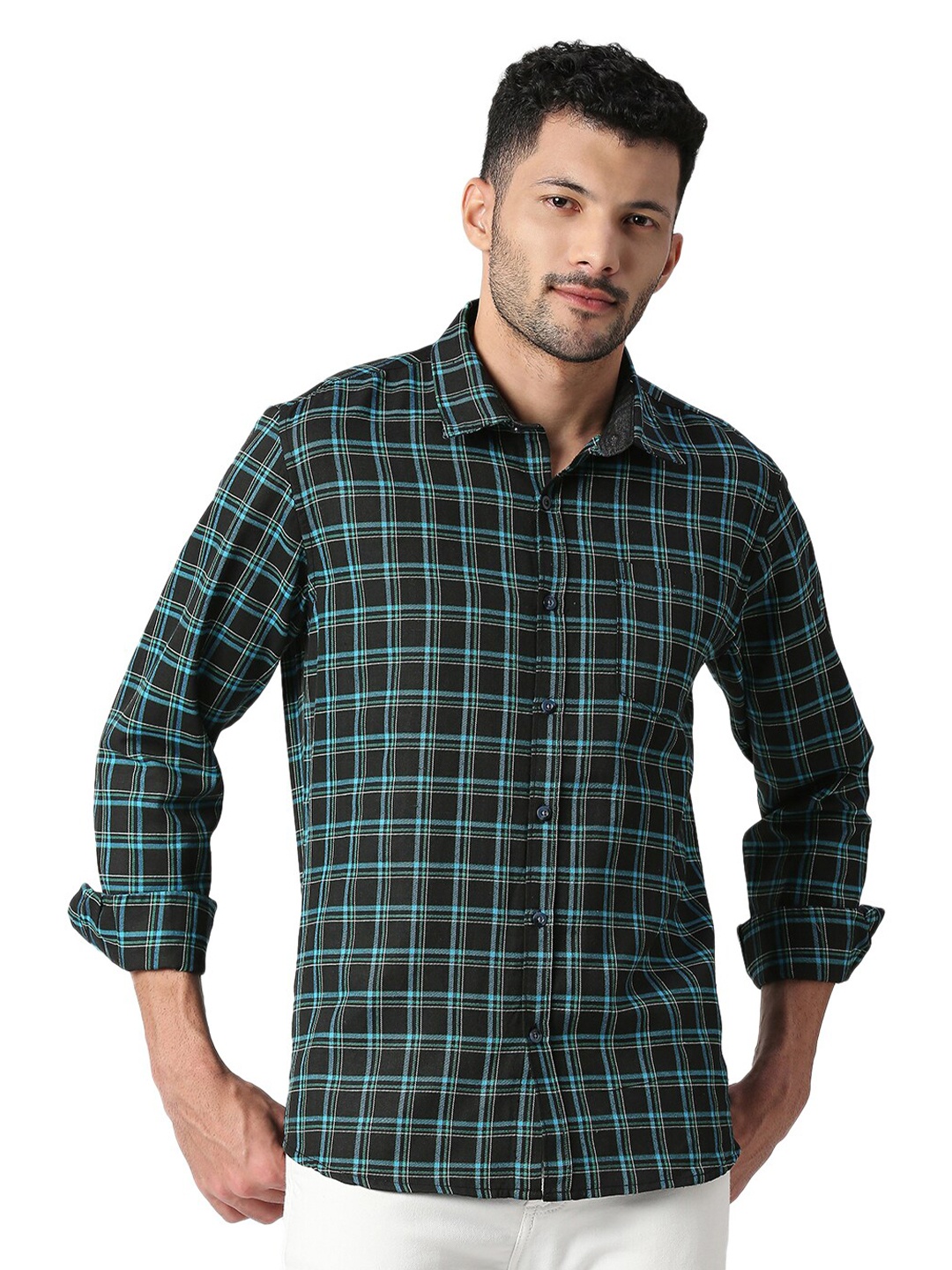

SNX Tartan Checked Classic Tailored Fit Pure Cotton Casual Shirt, Black