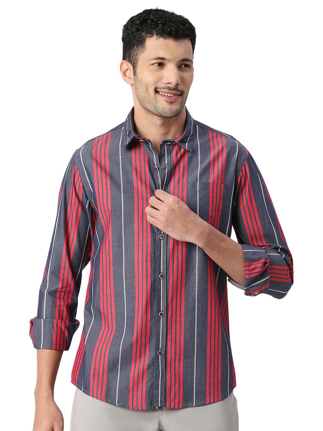

SNX Vertical Striped Classic Tailored Fit Pure Cotton Casual Shirt, Red