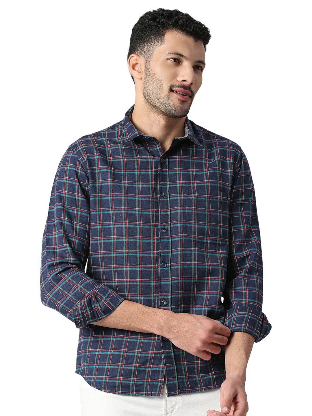 

SNX Checked Classic Tailored Fit Pure Cotton Casual Shirt, Navy blue