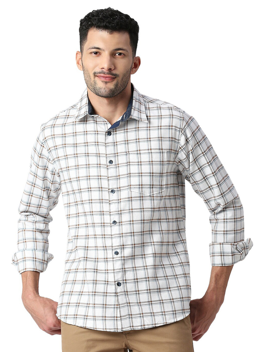 

SNX Checked Classic Tailored Fit Pure Cotton Casual Shirt, White