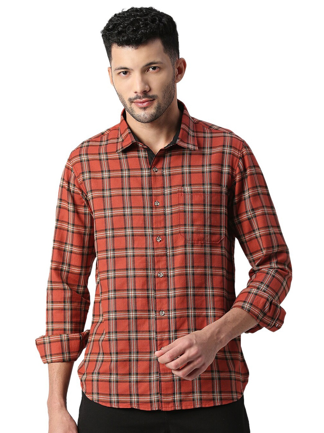 

SNX Checked Classic Tailored Fit Pure Cotton Casual Shirt, Rust