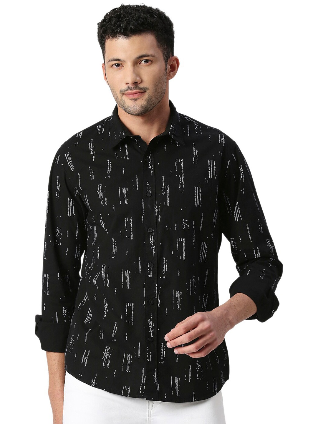 

SNX Abstract Printed Classic Tailored Fit Pure Cotton Casual Shirt, Black