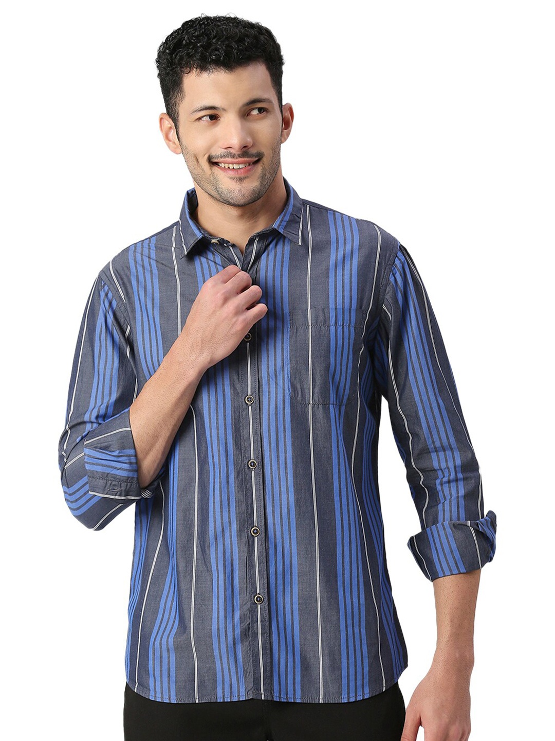 

SNX Classic Tailored Fit Multi Striped Pure Cotton Casual Shirt, Blue