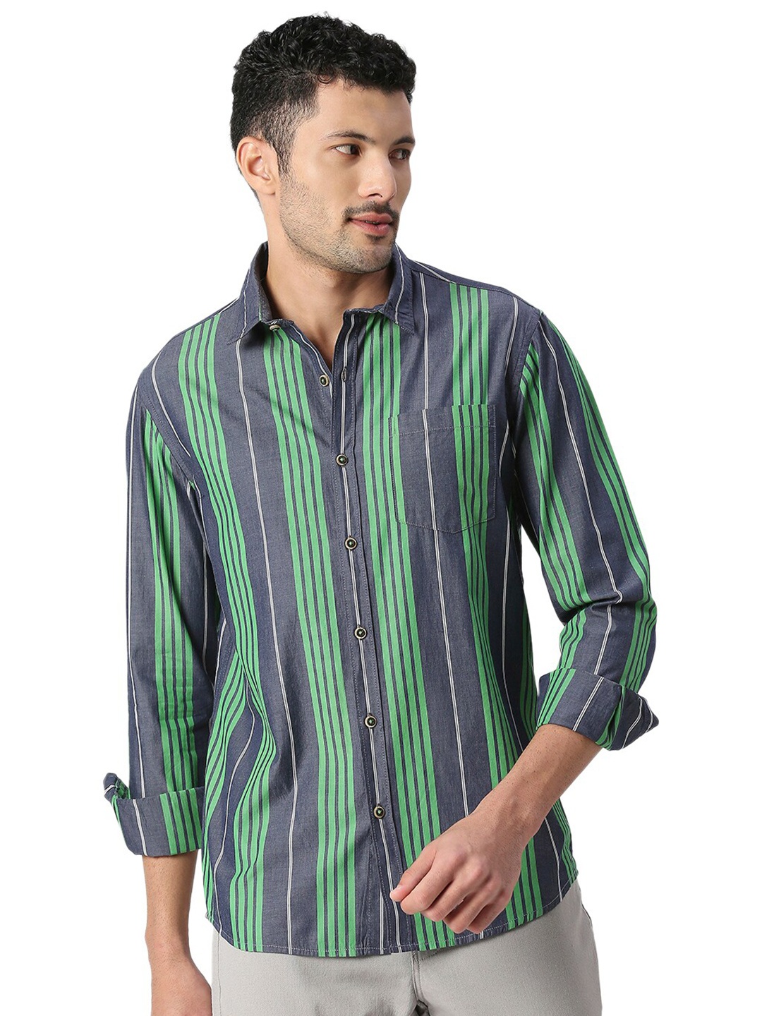 

SNX Classic Tailored Fit Multi Striped Pure Cotton Casual Shirt, Green