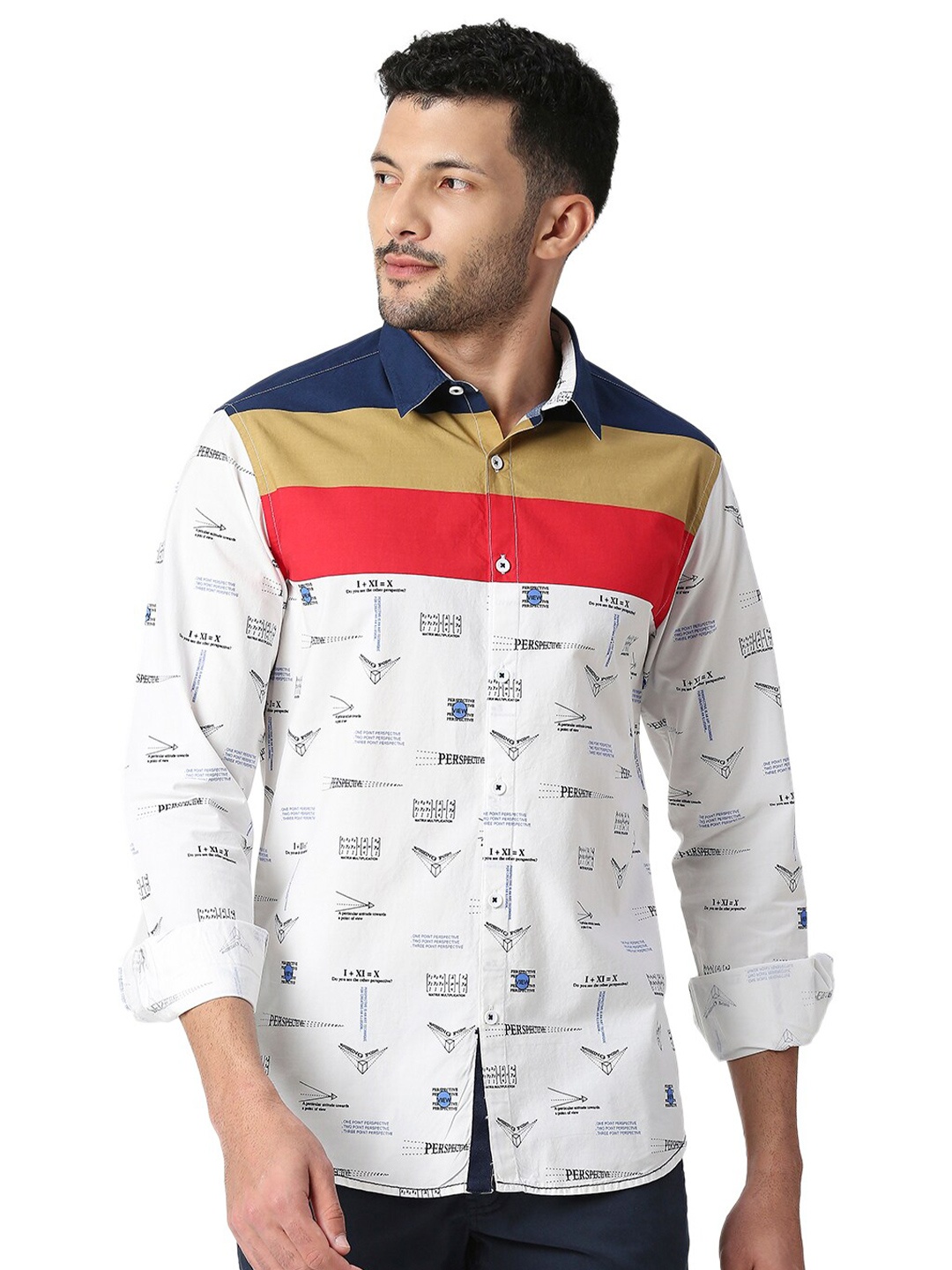 

SNX Classic Tailored Fit Typography Printed Pure Cotton Casual Shirt, White