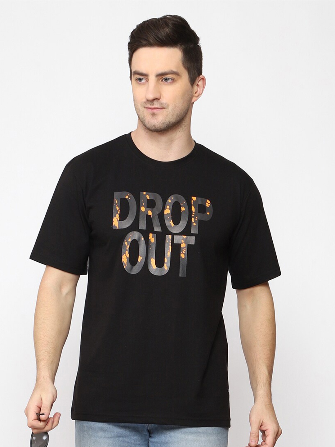 

MISCHIEF MONKEY Typography Printed Pure Cotton Oversized T-shirt, Black