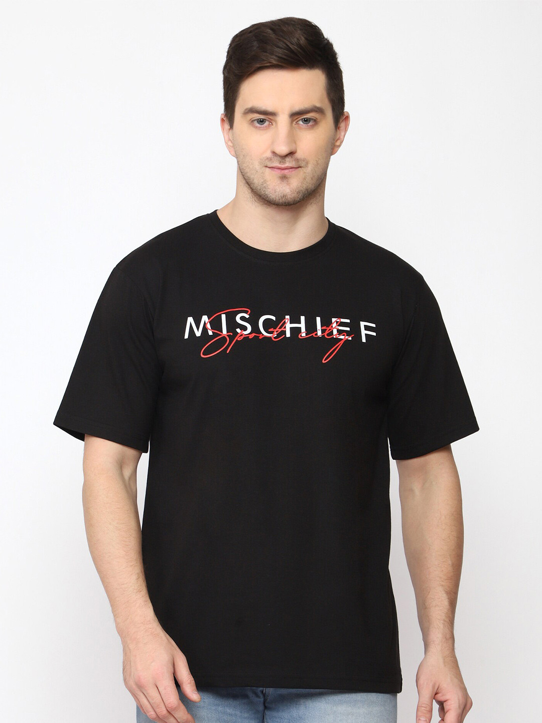 

MISCHIEF MONKEY Typography Printed Pure Cotton Oversized T-shirt, Black