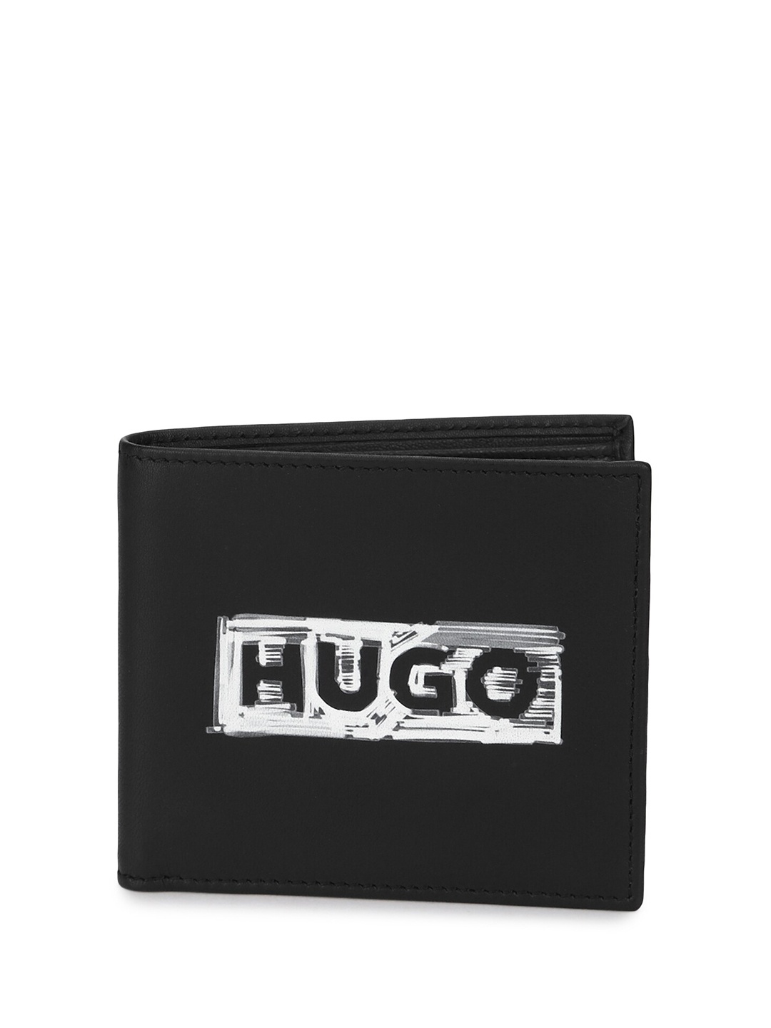 

HUGO Men Printed Leather Two Fold Wallet, Black