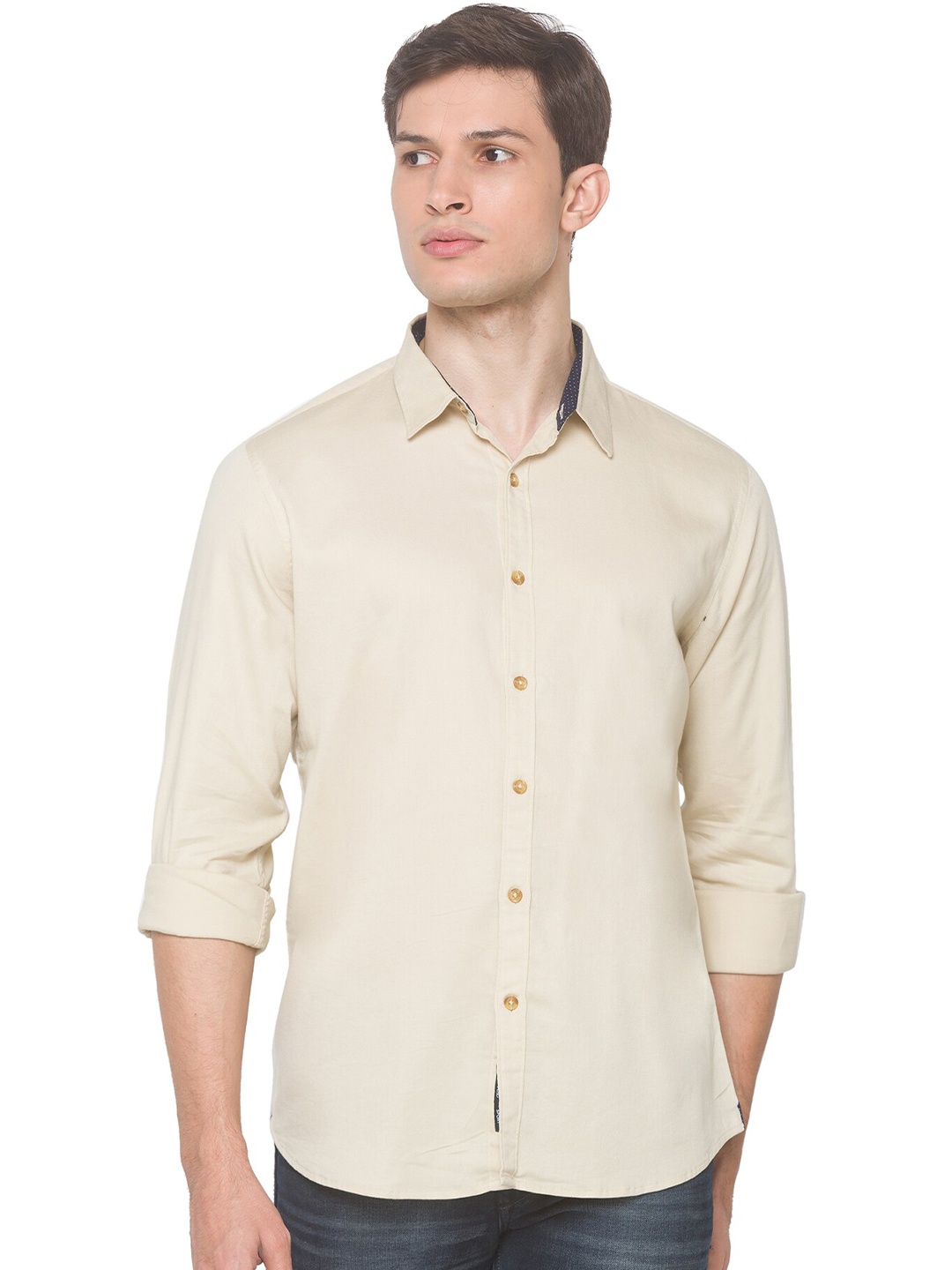 

SNX Classic Tailored Fit Opaque Pure Cotton Casual Shirt, Beige