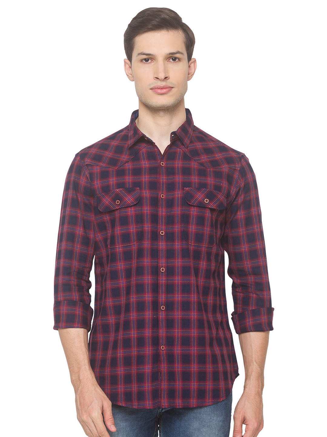 

SNX Checked Classic Tailored Fit Pure Cotton Casual Shirt, Navy blue