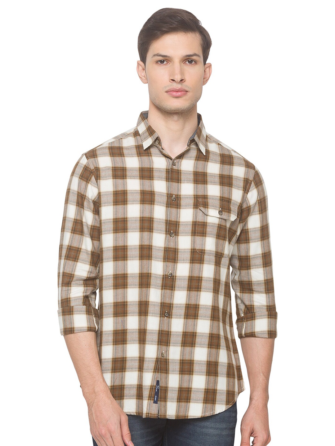 

SNX Checked Classic Tailored Fit Pure Cotton Casual Shirt, Cream