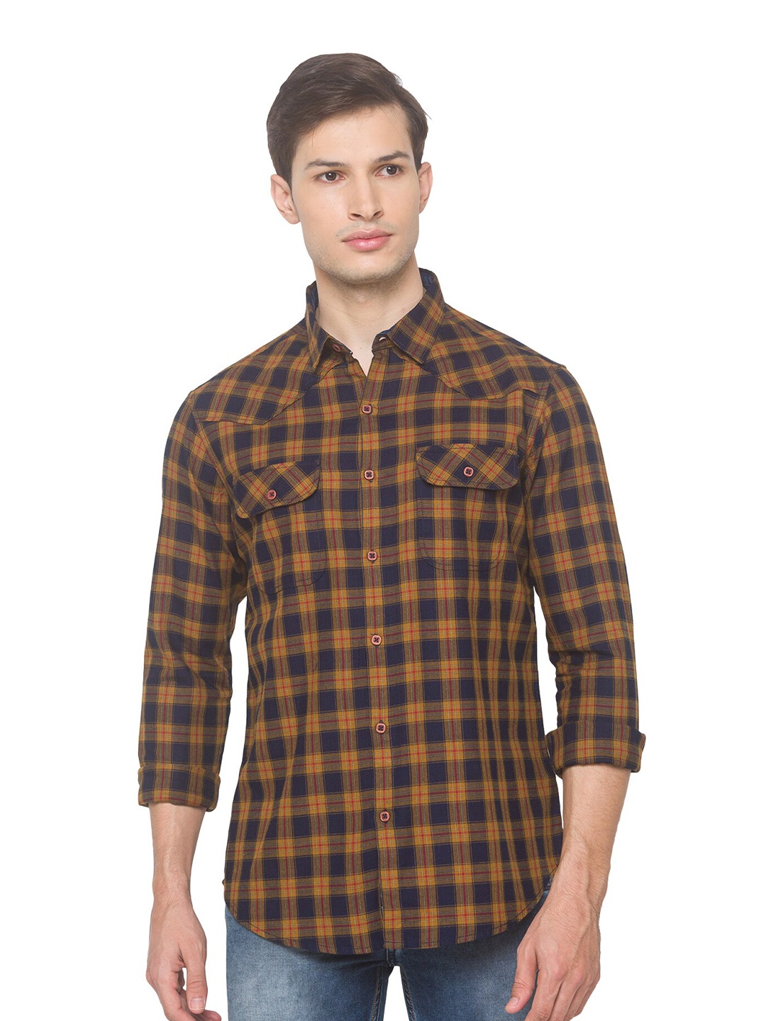 

SNX Classic Tailored Fit Buffalo Checked Pure Cotton Casual Shirt, Navy blue