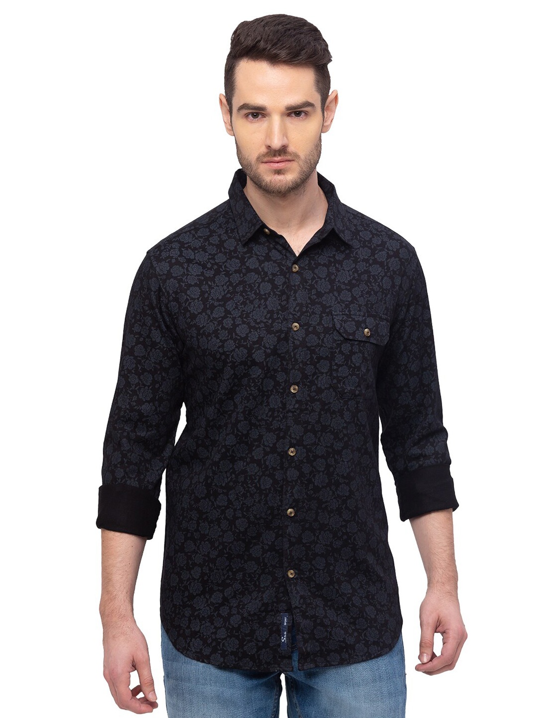 

SNX Floral Printed Classic Tailored Fit Pure Cotton Casual Shirt, Black