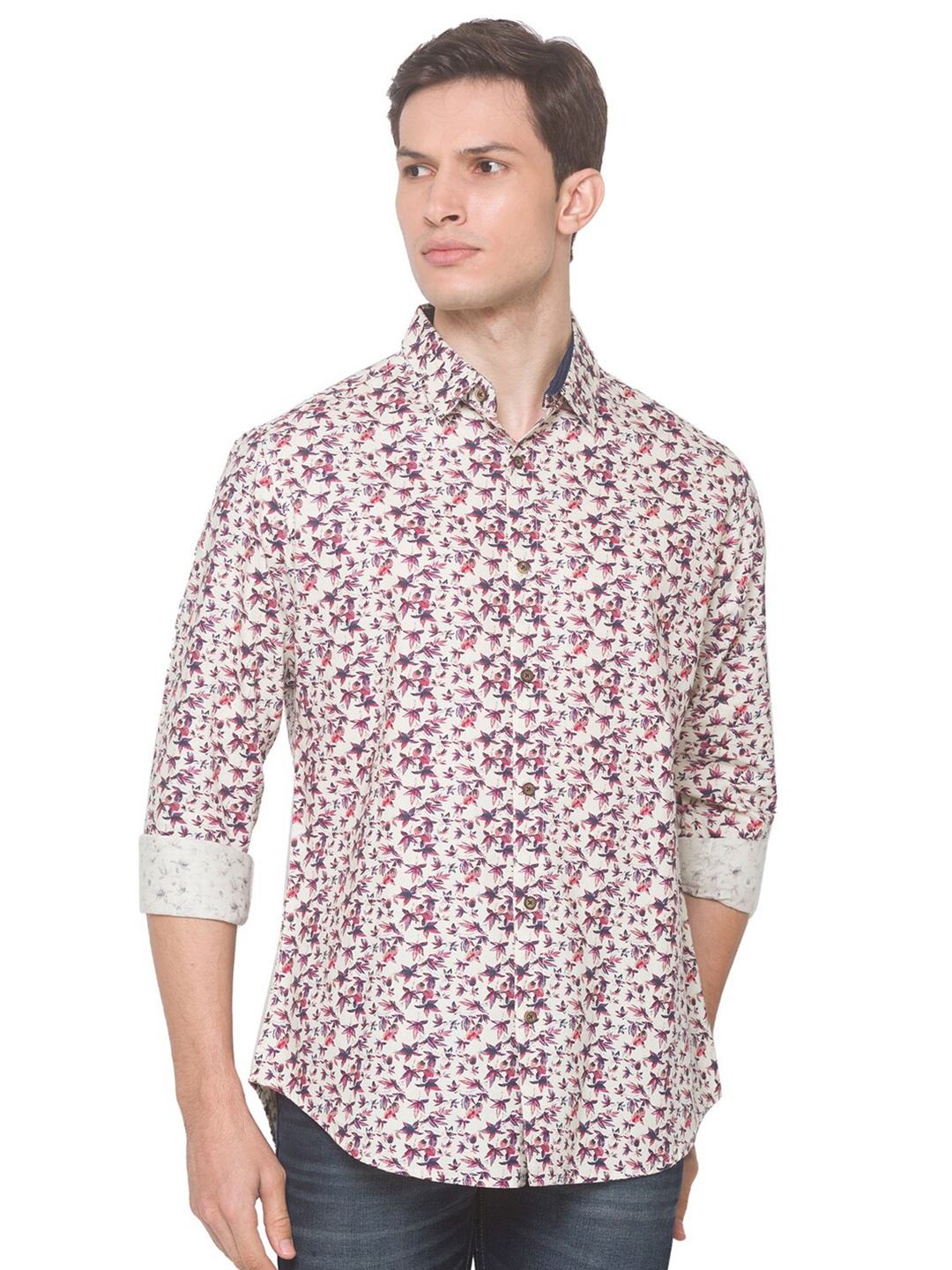 

SNX Classic Tailored Fit Floral Printed Pure Cotton Casual Shirt, Cream